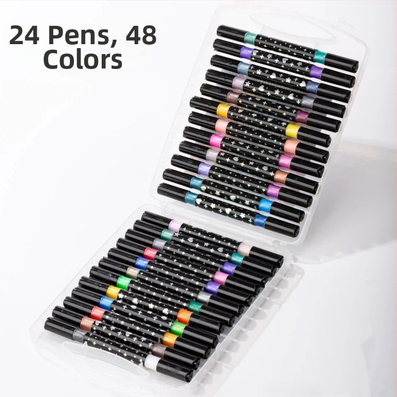 Kahekordse glitteri markerite komplekt pärlmutri otsikuga, vesivärvide ja akrüüll markerid; laia ots; täidetav (Bränd: Jiyu; 24 täite)