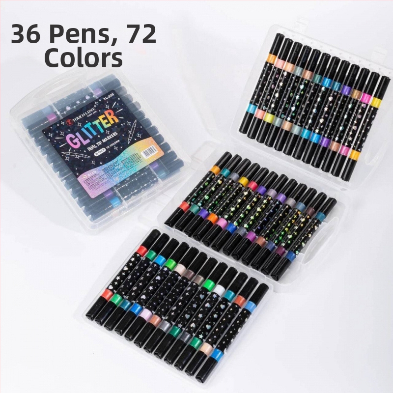 Kahekordse glitteri markerite komplekt pärlmutri otsikuga, vesivärvide ja akrüüll markerid; laia ots; täidetav (Bränd: Jiyu; 24 täite)