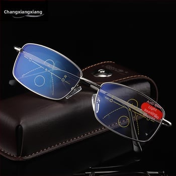 Progresszív olvasószemüveg kettős használattal távoli és közeli látáshoz, anti-kékfény, műgyantás lencsék, fém keret, teljes keret