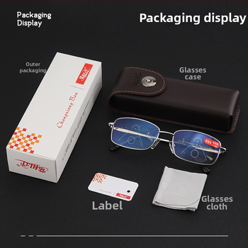 Progresszív olvasószemüveg kettős használattal távoli és közeli látáshoz, anti-kékfény, műgyantás lencsék, fém keret, teljes keret