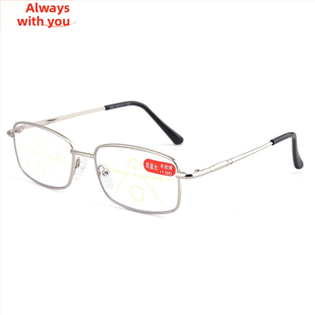 Progresszív olvasószemüveg kettős használattal távoli és közeli látáshoz, anti-kékfény, műgyantás lencsék, fém keret, teljes keret