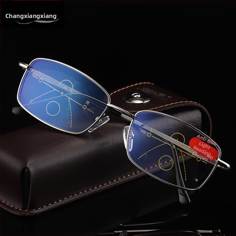 Progresszív olvasószemüveg kettős használattal távoli és közeli látáshoz, anti-kékfény, műgyantás lencsék, fém keret, teljes keret