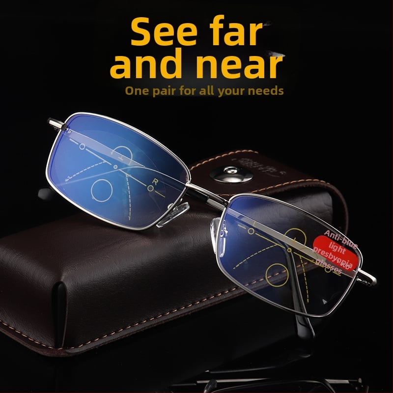 Progresszív olvasószemüveg kettős használattal távoli és közeli látáshoz, anti-kékfény, műgyantás lencsék, fém keret, teljes keret