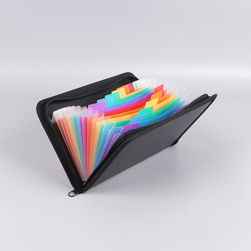 Verslo mini akordeoninė byla su vaivorykštės kraštu ir užtrauktuku bei daugiasluoksė kvitų saugykla; plastikas; Prekės ženklas English Poetry; tinklelio numeris 13; atspausdintas logotipas; pritaikymas įmanomas