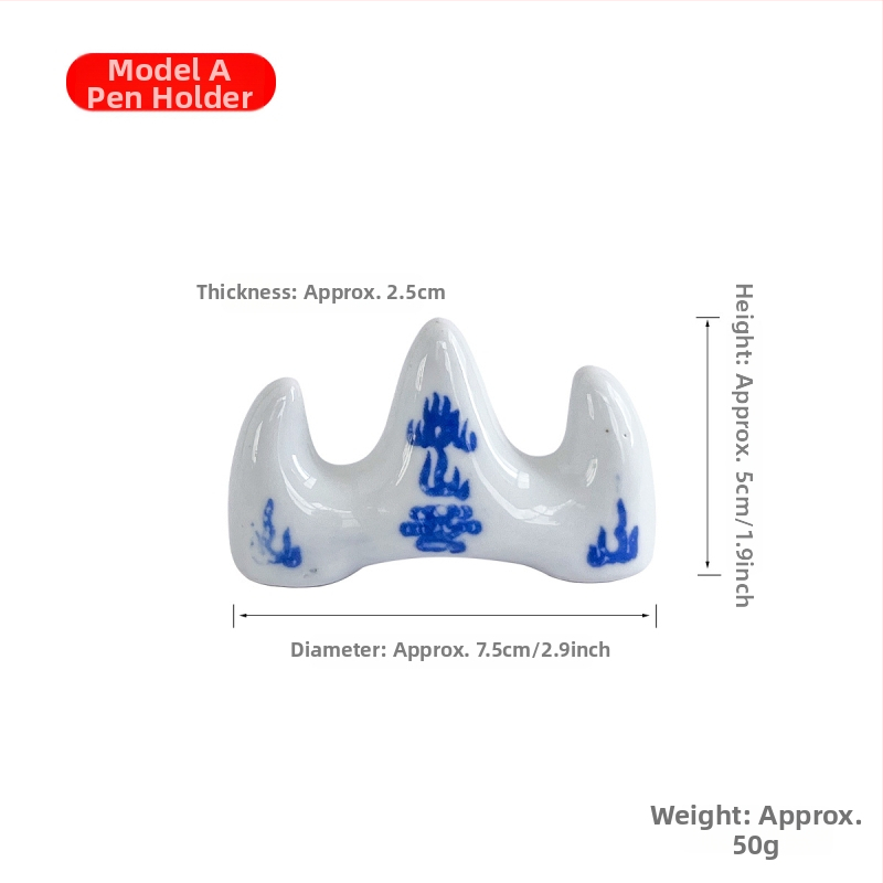 Keraminis šepetėlių laikiklis kalno formos, mėlynos ir baltos porcelianos stilius, piešimui ir meno pamokoms