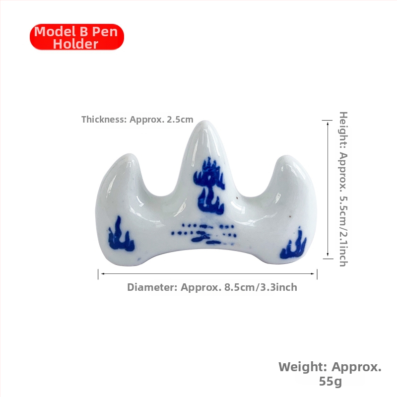Keraminis šepetėlių laikiklis kalno formos, mėlynos ir baltos porcelianos stilius, piešimui ir meno pamokoms