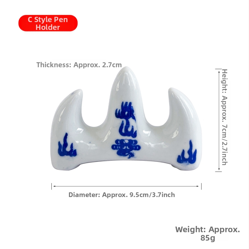 Keraminis šepetėlių laikiklis kalno formos, mėlynos ir baltos porcelianos stilius, piešimui ir meno pamokoms