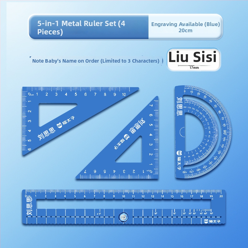 Cat Prince M1314-1 Universālais lineālu komplekts no alumīnija sakausējuma, 4 gab., iekļauj trijstūra lineālu un leņķmērītāju