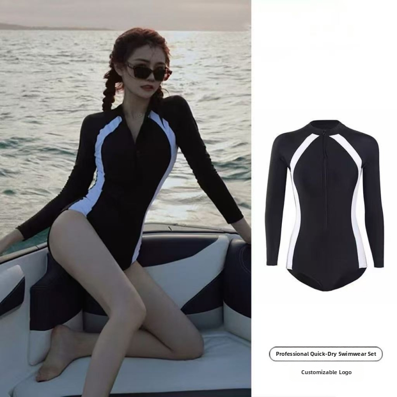 Viengabilis maudymosi kostiumėlis su ilgomis rankovėmis, krūties įdėklas be underwire, poliesterio audinys, vienos spalvos modelis, moterims – plaukimui