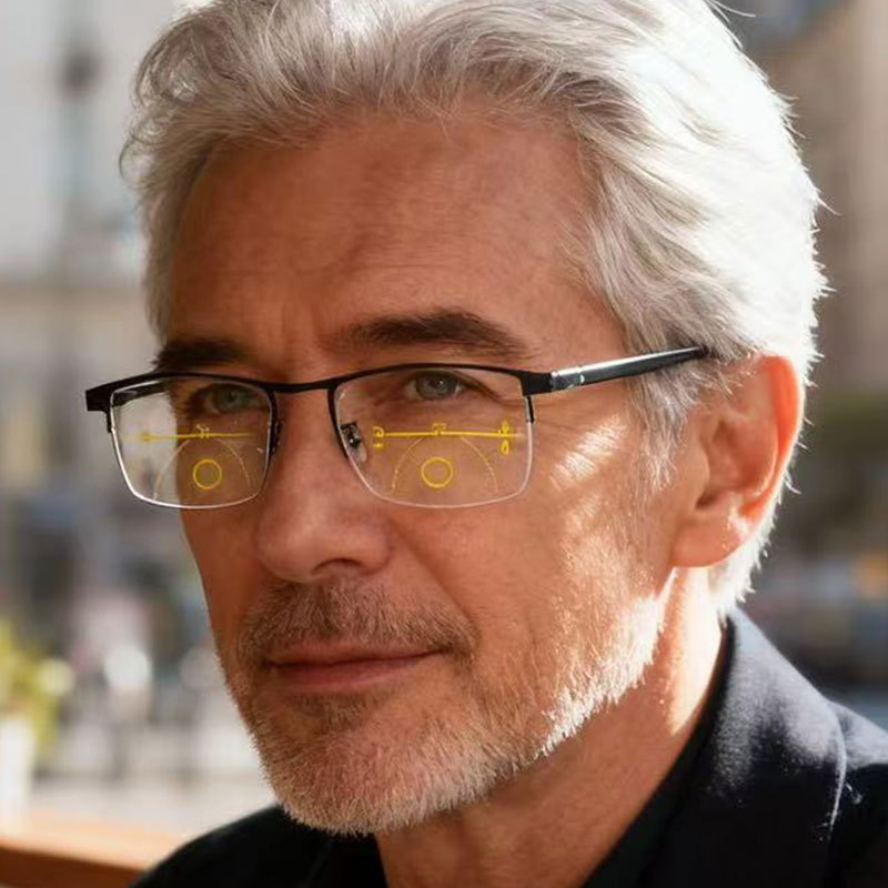 Uniszex olvasószemüveg progresszív többfokú lencsékkel, anti-kékfény és anti-radiációs lencsékkel, közel- és távolnézethez, félkeretes fém keret, PC lencsék