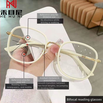 Olvasószemüveg gyanta lencsékkel; sugárzás elleni, UV- és kékfény elleni védelem; közeli és távoli látás támogatása; teljes keretű TR fém keret.