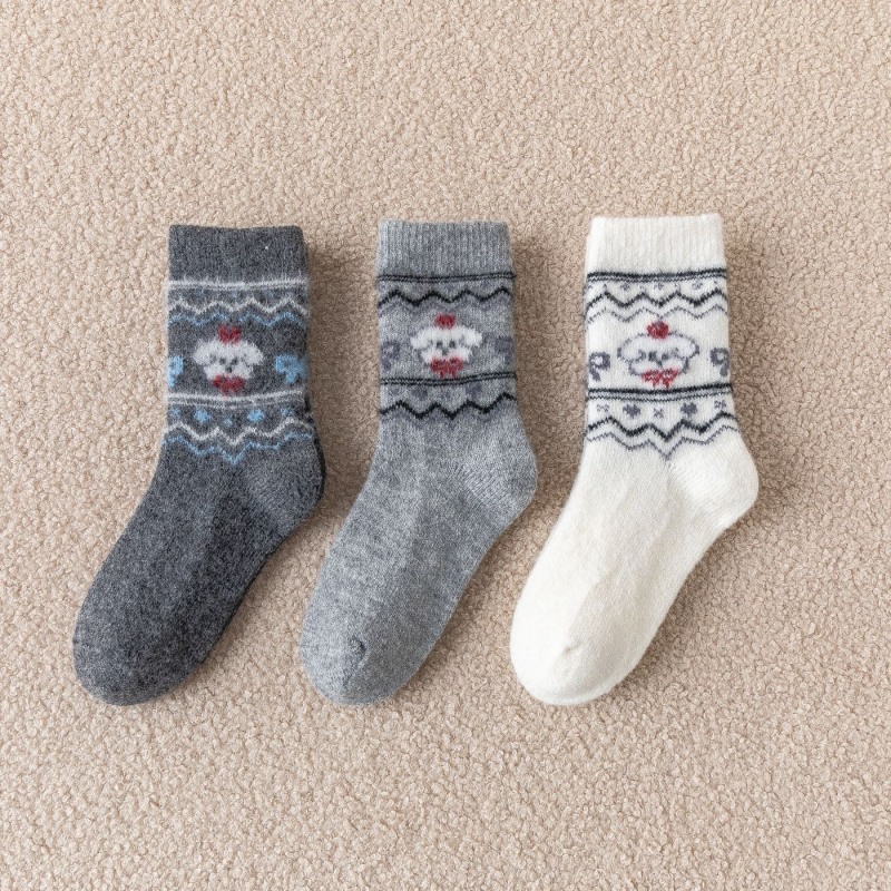 Șosete pentru copii din lână, groase pentru toamnă-iarna, lungime tibie medie, imprimeu cu cățeluș și broderie în stil coreean, unisex, pentru vârsta 3–8 ani