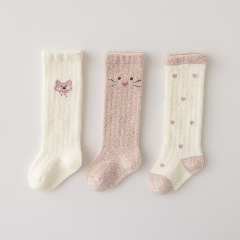 Șosete pentru sugari și copii mici cu model desen animat, lungi până la genunchi, căptușite cu fleece, tricot Jacquard, 98% poliester, de iarnă