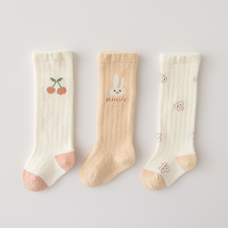 Șosete pentru sugari și copii mici cu model desen animat, lungi până la genunchi, căptușite cu fleece, tricot Jacquard, 98% poliester, de iarnă