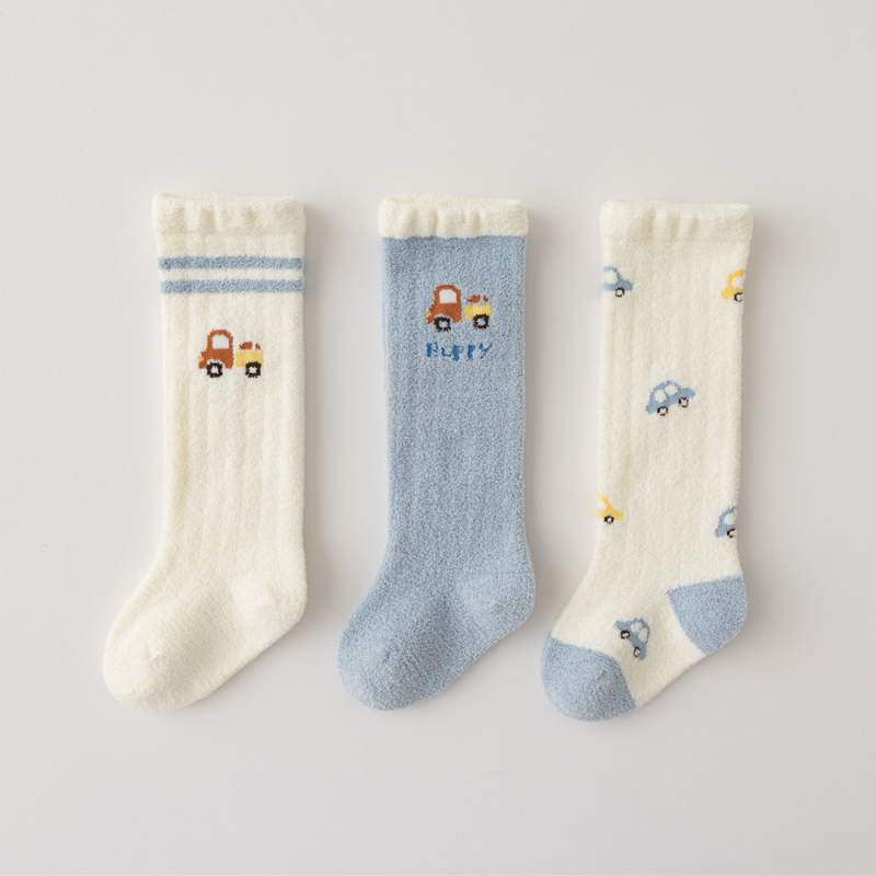 Șosete pentru sugari și copii mici cu model desen animat, lungi până la genunchi, căptușite cu fleece, tricot Jacquard, 98% poliester, de iarnă