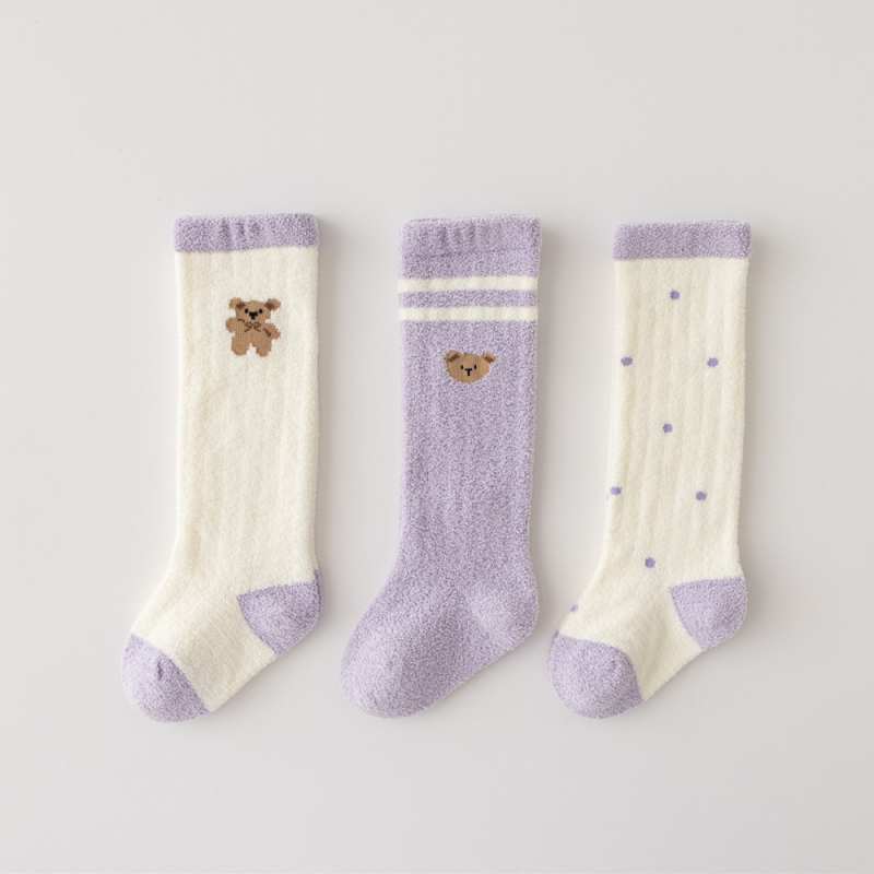 Șosete pentru sugari și copii mici cu model desen animat, lungi până la genunchi, căptușite cu fleece, tricot Jacquard, 98% poliester, de iarnă