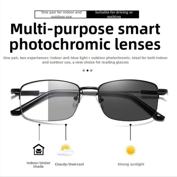 Lasīšanas briļļu ar progresīvu daudzfokālu, pret zilo gaismu, atmiņas titanija pusramis, PC lēcas