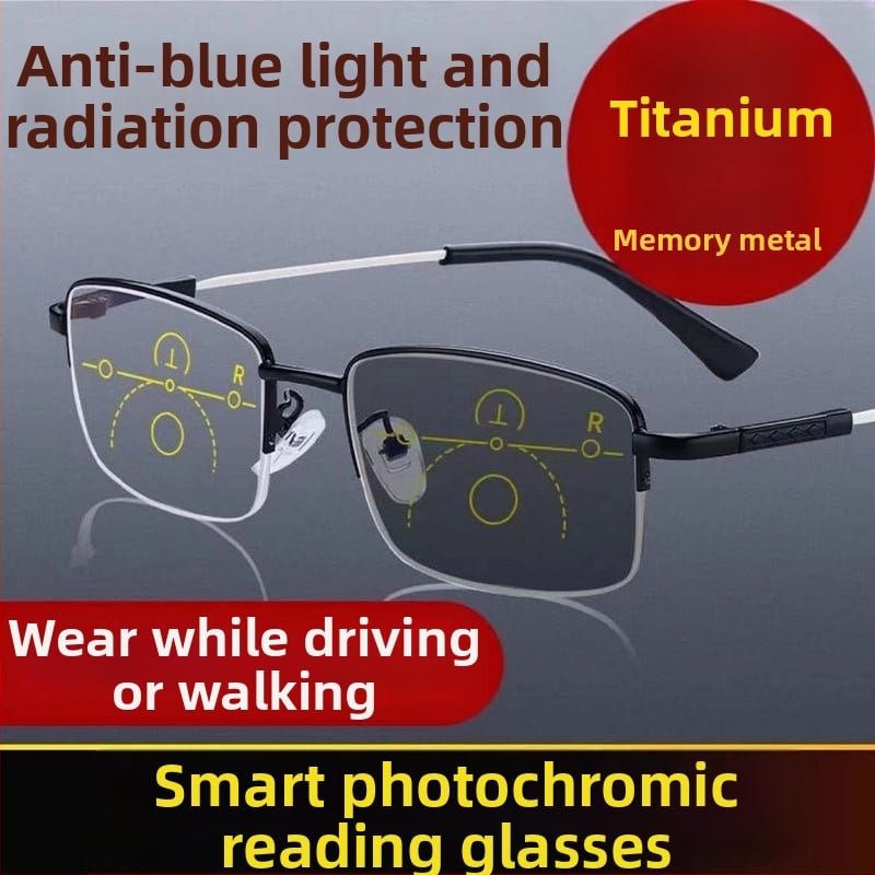 Lasīšanas briļļu ar progresīvu daudzfokālu, pret zilo gaismu, atmiņas titanija pusramis, PC lēcas