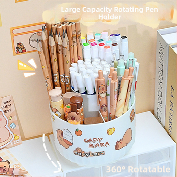 Sukasiantis rašiklių laikiklis su didele talpa, plastikinis, apvalios formos stalinis organizatorius, logotipo spausdinimo galimybė, modelis 01