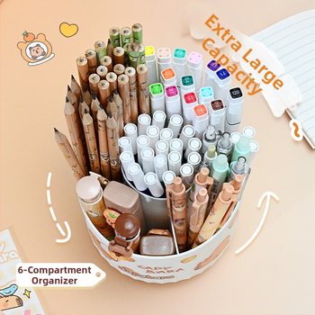 Sukasiantis rašiklių laikiklis su didele talpa, plastikinis, apvalios formos stalinis organizatorius, logotipo spausdinimo galimybė, modelis 01