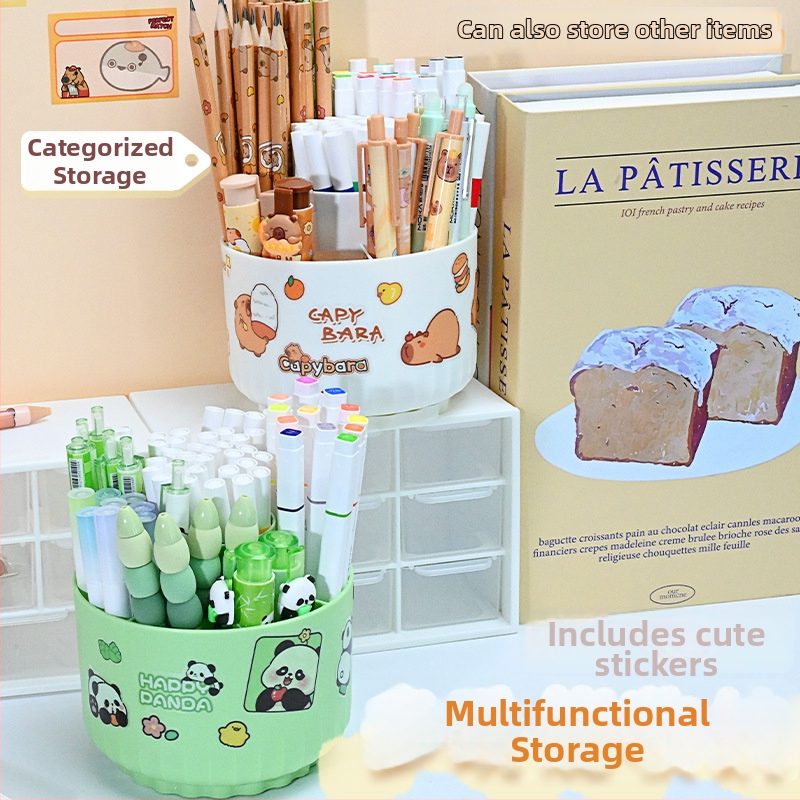 Sukasiantis rašiklių laikiklis su didele talpa, plastikinis, apvalios formos stalinis organizatorius, logotipo spausdinimo galimybė, modelis 01