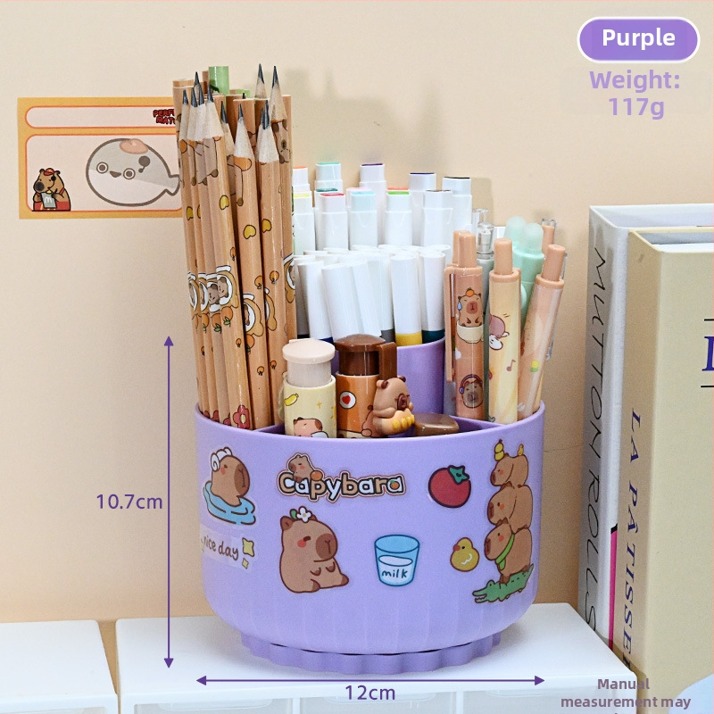 Sukasiantis rašiklių laikiklis su didele talpa, plastikinis, apvalios formos stalinis organizatorius, logotipo spausdinimo galimybė, modelis 01