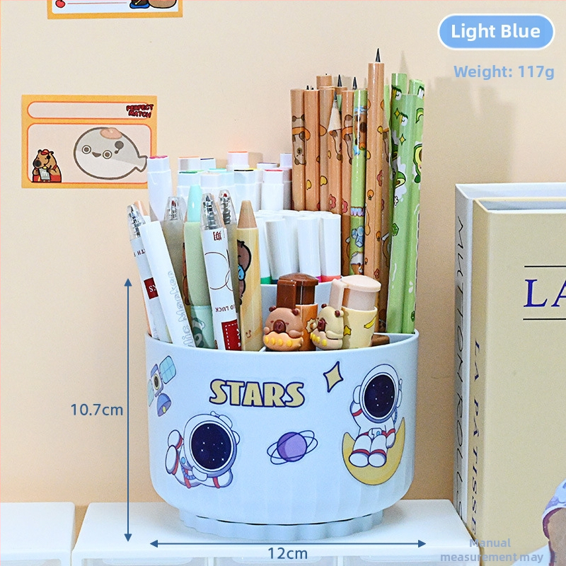 Sukasiantis rašiklių laikiklis su didele talpa, plastikinis, apvalios formos stalinis organizatorius, logotipo spausdinimo galimybė, modelis 01