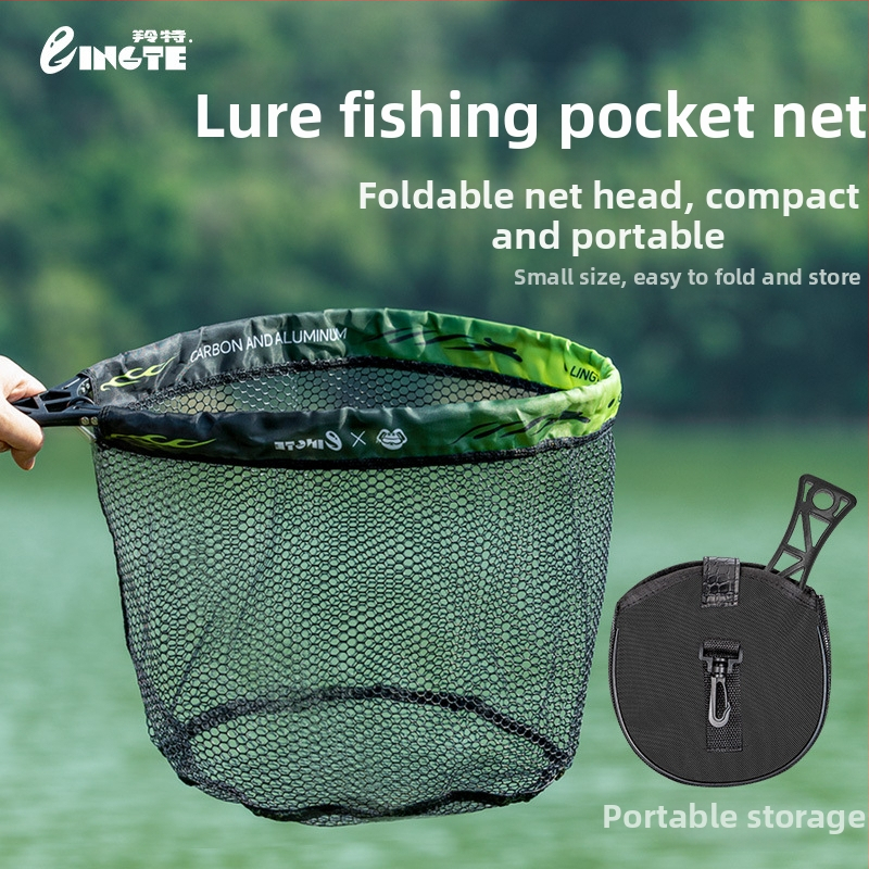 Kokkupandav kaasaskantav käsivõrk kalastamiseks – komplekt, 34 cm läbimõõduga ava, 28 cm sügavus, paks võrk ja metallist rõngas.