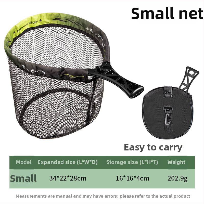 Kokkupandav kaasaskantav käsivõrk kalastamiseks – komplekt, 34 cm läbimõõduga ava, 28 cm sügavus, paks võrk ja metallist rõngas.