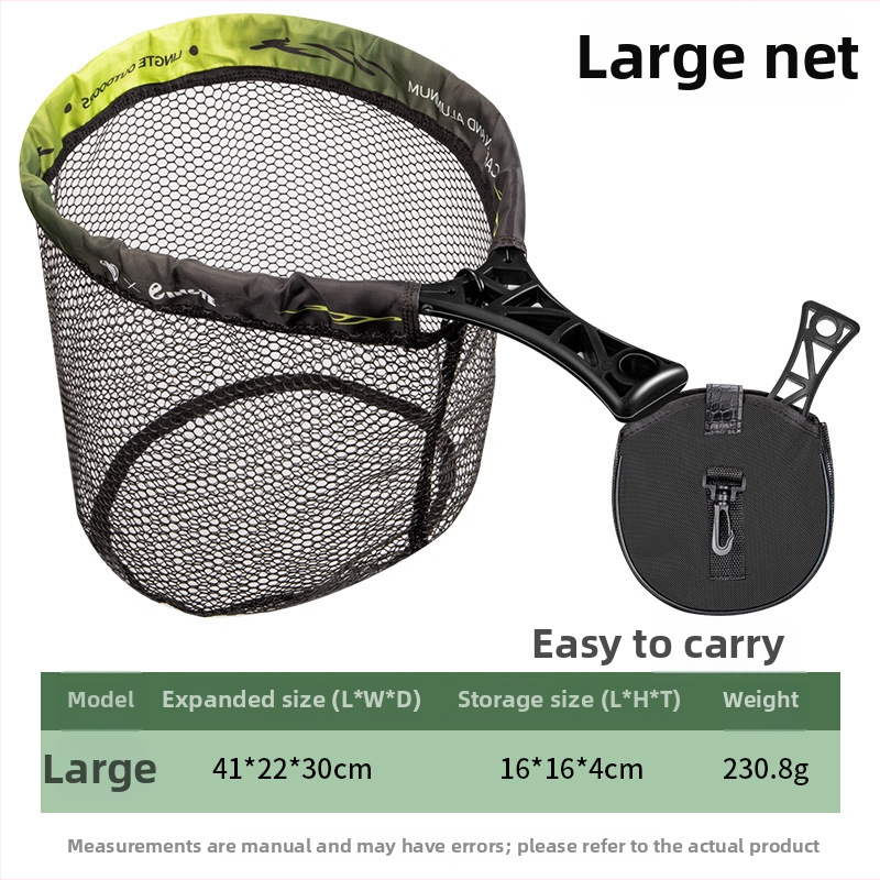 Kokkupandav kaasaskantav käsivõrk kalastamiseks – komplekt, 34 cm läbimõõduga ava, 28 cm sügavus, paks võrk ja metallist rõngas.