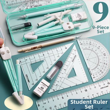 Geometrijos braižymo rinkinys: 4 dalių rinkinys – kompasas, liniuotė ir trikampiai