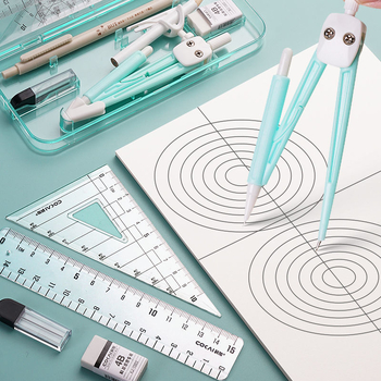 Geometrijos braižymo rinkinys: 4 dalių rinkinys – kompasas, liniuotė ir trikampiai