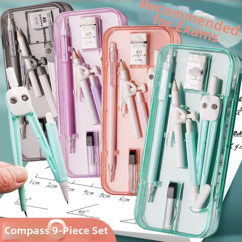 Geometrijos braižymo rinkinys: 4 dalių rinkinys – kompasas, liniuotė ir trikampiai