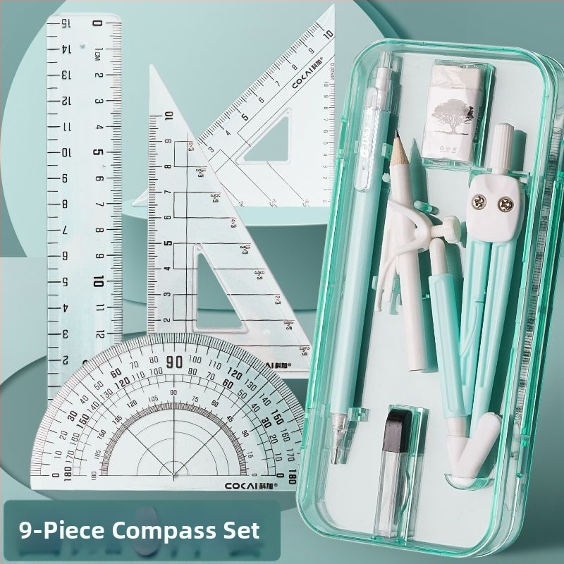 Geometrijos braižymo rinkinys: 4 dalių rinkinys – kompasas, liniuotė ir trikampiai