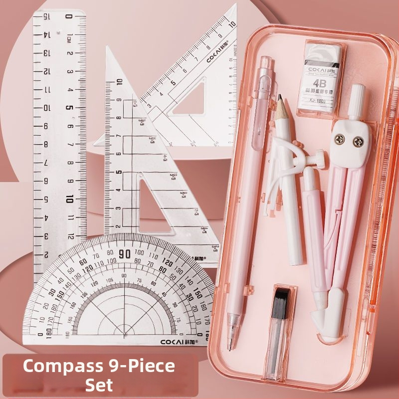 Geometrijos braižymo rinkinys: 4 dalių rinkinys – kompasas, liniuotė ir trikampiai