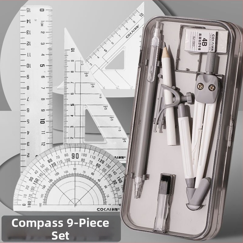 Geometrijos braižymo rinkinys: 4 dalių rinkinys – kompasas, liniuotė ir trikampiai