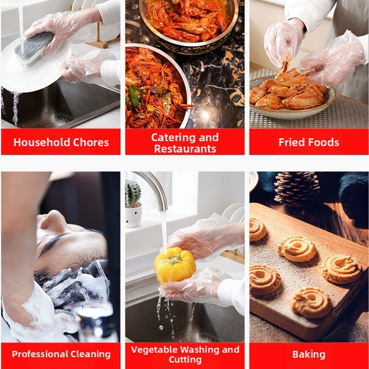 Blīvi vienreizējās caurspīdīgās PE cimdi, pārtikas kvalitāte, piemēroti ēdienu pasniegšanai un skaistumkopšanai, pret putekļiem