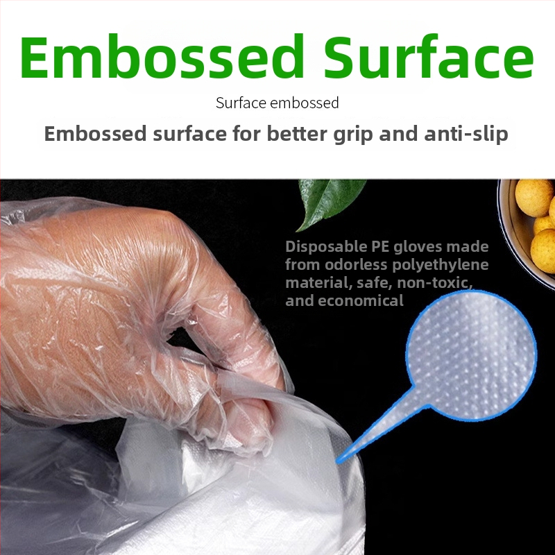 Vienreizējās PE cimdi ar pārtikas kvalitāti virtuvei, iepakojumā 100 gab., caurspīdīgi, biezums 0.05-0.1 mm