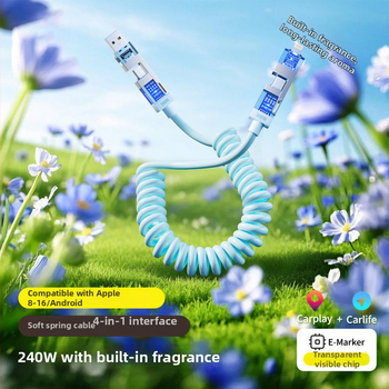 Spring Data Cable — Keturi viename jungiamieji, Lightning, USB-A, Type-C sąsajos, išskleidžiamas silikoninis dizainas, maksimali galia 240W