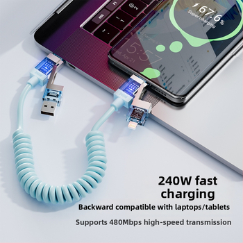 Spring Data Cable — Keturi viename jungiamieji, Lightning, USB-A, Type-C sąsajos, išskleidžiamas silikoninis dizainas, maksimali galia 240W