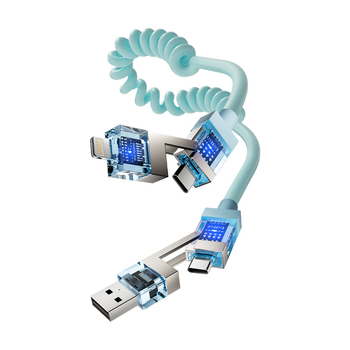 Spring Data Cable — Keturi viename jungiamieji, Lightning, USB-A, Type-C sąsajos, išskleidžiamas silikoninis dizainas, maksimali galia 240W