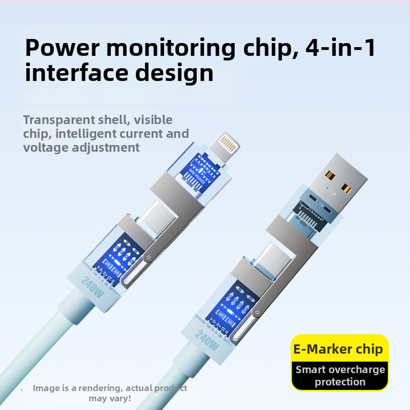 Spring Data Cable — Štyri v jednom konektory, rozhrania Lightning, USB-A, Type-C, skladací silikonový dizajn, 240W maximálny výkon