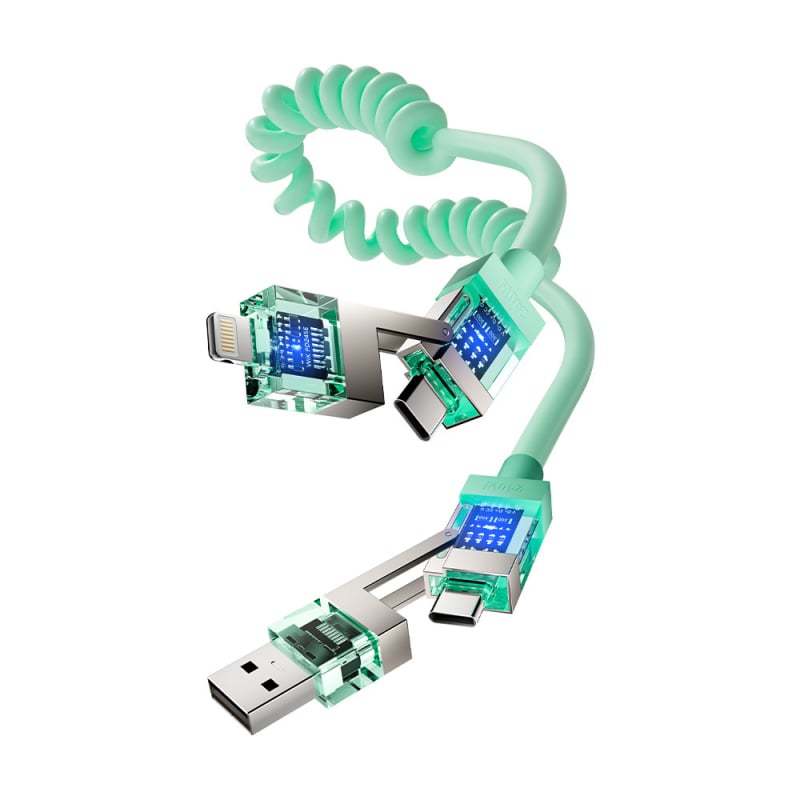 Spring Data Cable — Keturi viename jungiamieji, Lightning, USB-A, Type-C sąsajos, išskleidžiamas silikoninis dizainas, maksimali galia 240W