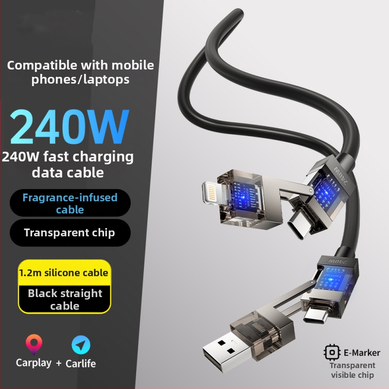 Spring Data Cable — Keturi viename jungiamieji, Lightning, USB-A, Type-C sąsajos, išskleidžiamas silikoninis dizainas, maksimali galia 240W