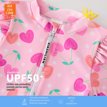 Mergaitėms skirtas ilgomis rankovėmis maudymosi kostiumėlis, saulės apsauga – Korean Heart dizainas, poliesterio audinys 83%, prekės kodas Hx-2520, skirtas pliažui, nardymui ir banglentininkams.