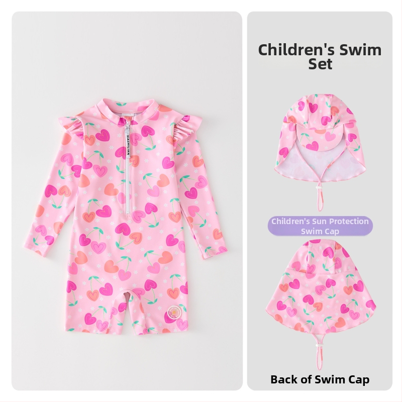 Mergaitėms skirtas ilgomis rankovėmis maudymosi kostiumėlis, saulės apsauga – Korean Heart dizainas, poliesterio audinys 83%, prekės kodas Hx-2520, skirtas pliažui, nardymui ir banglentininkams.