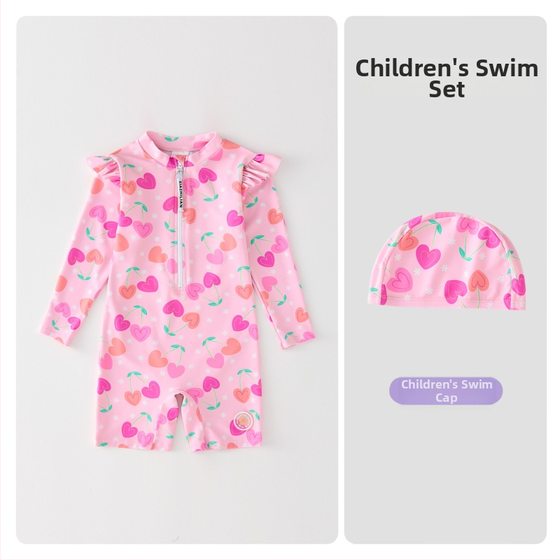 Mergaitėms skirtas ilgomis rankovėmis maudymosi kostiumėlis, saulės apsauga – Korean Heart dizainas, poliesterio audinys 83%, prekės kodas Hx-2520, skirtas pliažui, nardymui ir banglentininkams.