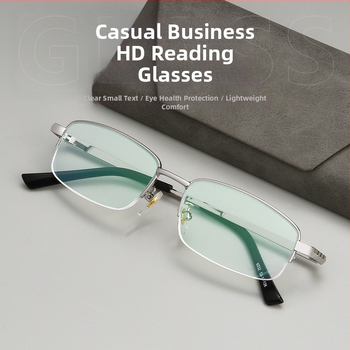 Lasīšanas brilles no ļoti vieglas sakausējuma ar pusrāmja rāmi, AC lēcas, anti-zilā gaismas aizsardzība un radiācijas izturība.