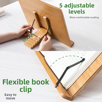 Darbalaučio knygų laikiklis studentams ir vaikams, bambuko medžiaga, modelis 2521YDJ, modernus minimalistinis stilius, aukščio reguliavimas.