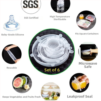 Sada 6 viečok pre chladničku a misky – plast – moderný, jednoduchý dizajn – univerzálne multifunkčné viečka